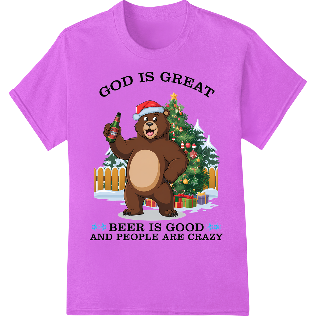 Funny Christmas Beer Bear DTF Print Heat Transfer on purple shirt - SUPERDTF-DTF Prints-DTF Transfers-Custom DTF Prints