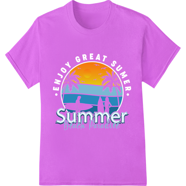 Retro Summer Sunset: Surf, Sand, and Tropical Vibes on purple shirt - SUPERDTF-DTF Prints-DTF Transfers-Custom DTF Prints