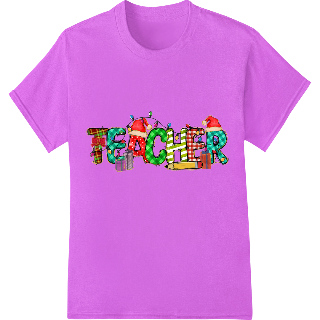 Festive "TEACHER" Christmas DTF Print Heat Transfer on purple shirt - SUPERDTF-DTF Prints-DTF Transfers-Custom DTF Prints