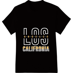 Sleek 'ANGELES CALIFORNIA' Typography in Gold on White enhanced with professional custom t-shirts