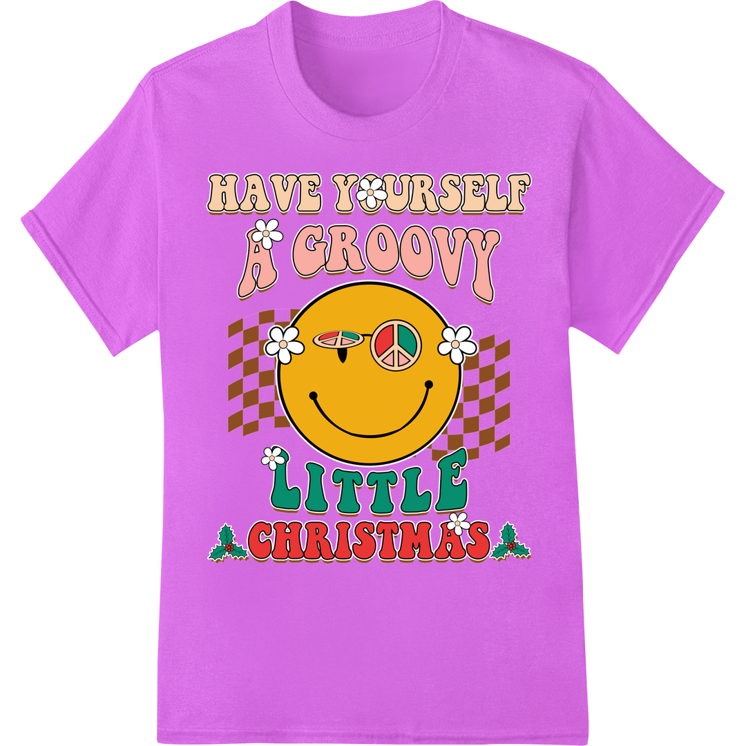 Groovy Retro Smiley Christmas DTF Print Heat Transfer on purple shirt - SUPERDTF-DTF Prints-DTF Transfers-Custom DTF Prints