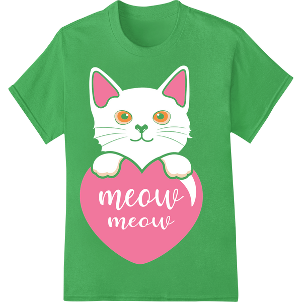 Adorable 'Meow Meow' Cat Valentine's Day DTF Print Transfer on green shirt - SUPERDTF-DTF Prints-DTF Transfers-Custom DTF Prints