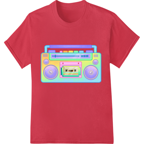 Retro 80s Boombox: Vibrant Teal & Purple DTF Print Transfer on red shirt - SUPERDTF-DTF Prints-DTF Transfers-Custom DTF Prints