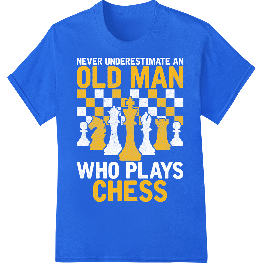 Bold 'Old Man Chess' DTF Print Heat Transfer | Strategy Game on blue shirt - SUPERDTF-DTF Prints-DTF Transfers-Custom DTF Prints