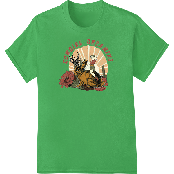 Cowgirl's Wild West Fantasy - Rustic Vintage Design on green shirt - SUPERDTF-DTF Prints-DTF Transfers-Custom DTF Prints