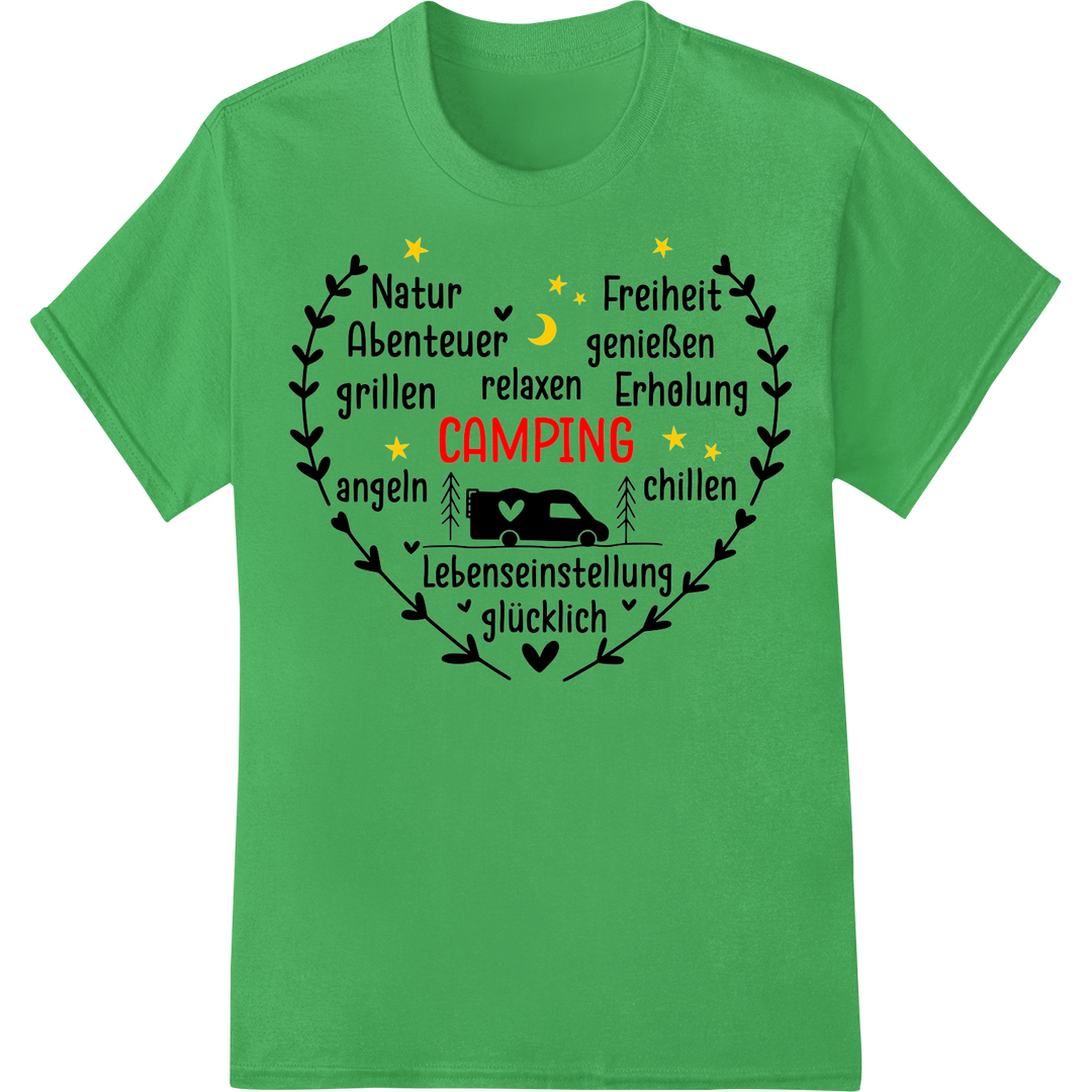 Embrace the Outdoors: Stunning Camping Adventure DTF Print on green shirt - SUPERDTF-DTF Prints-DTF Transfers-Custom DTF Prints