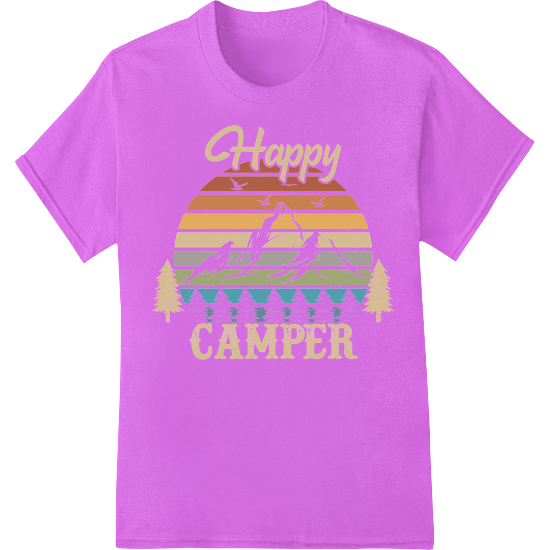 Retro Happy Camper: Outdoor Adventure DTF Print Transfer on purple shirt - SUPERDTF-DTF Prints-DTF Transfers-Custom DTF Prints