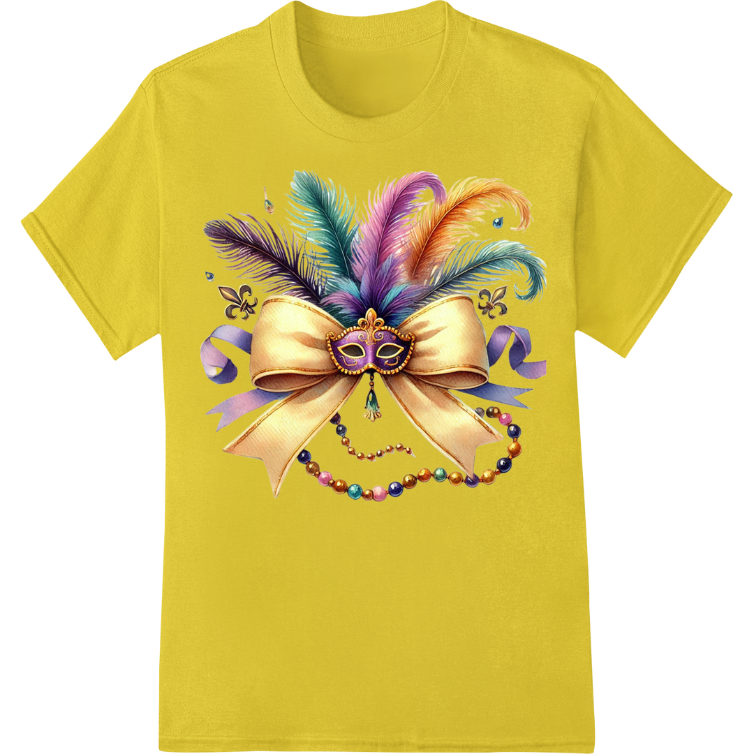 Vibrant Mardi Gras Feather Bow DTF Print Heat Transfer on yellow shirt - SUPERDTF-DTF Prints-DTF Transfers-Custom DTF Prints