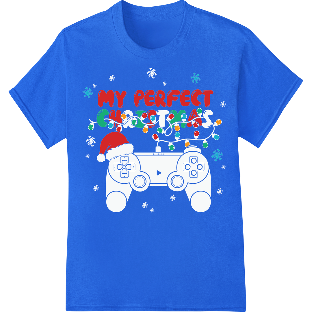 Festive 'My Perfect Christmas' DTF Print Heat Transfer on blue shirt - SUPERDTF-DTF Prints-DTF Transfers-Custom DTF Prints