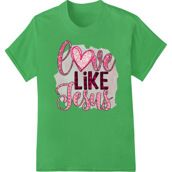 Inspirational Valentine's Day design with 'Love Like Jesus' text in stylized lettering against a colorful heart background