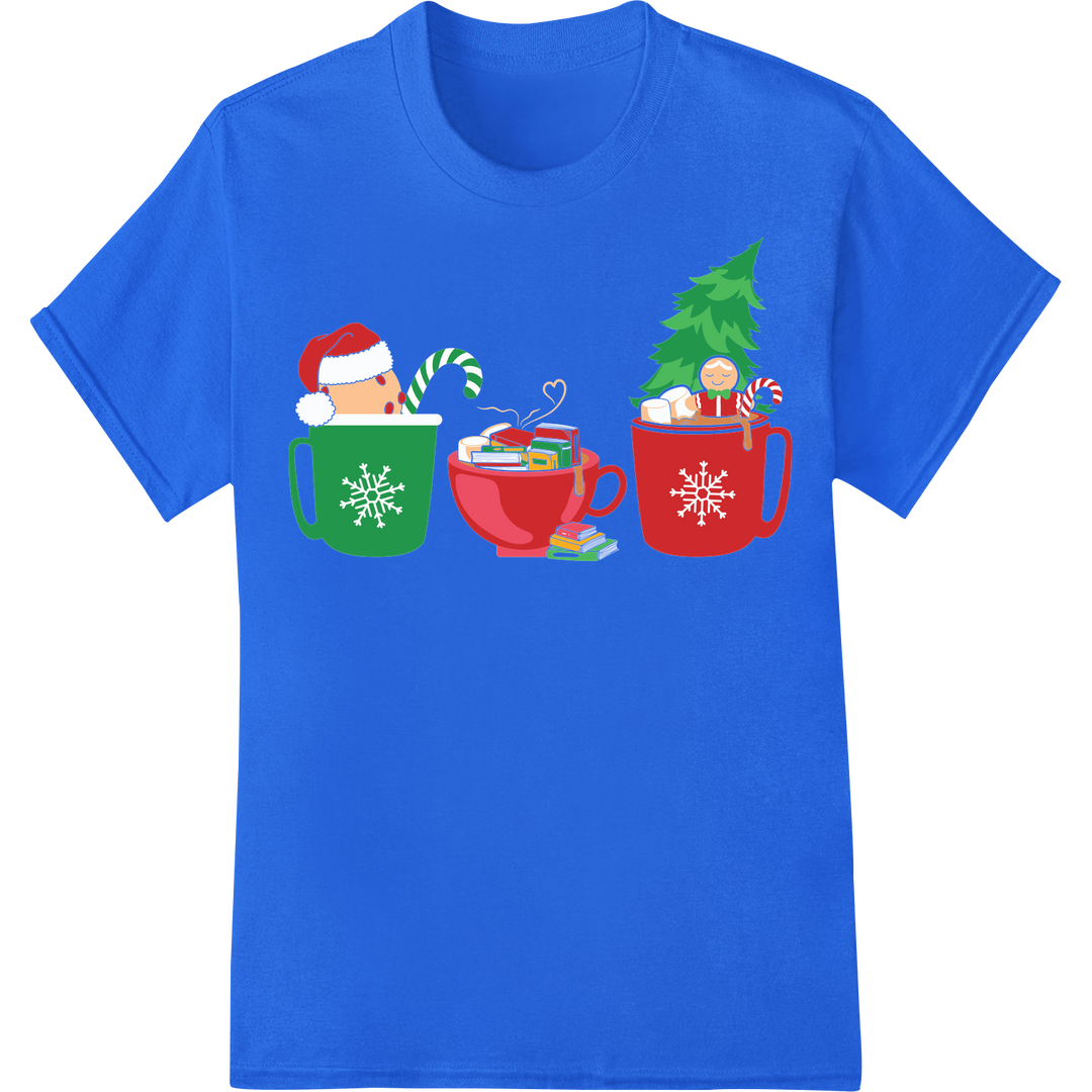 Festive Christmas Cocoa & Books DTF Print Heat Transfer on blue shirt - SUPERDTF-DTF Prints-DTF Transfers-Custom DTF Prints