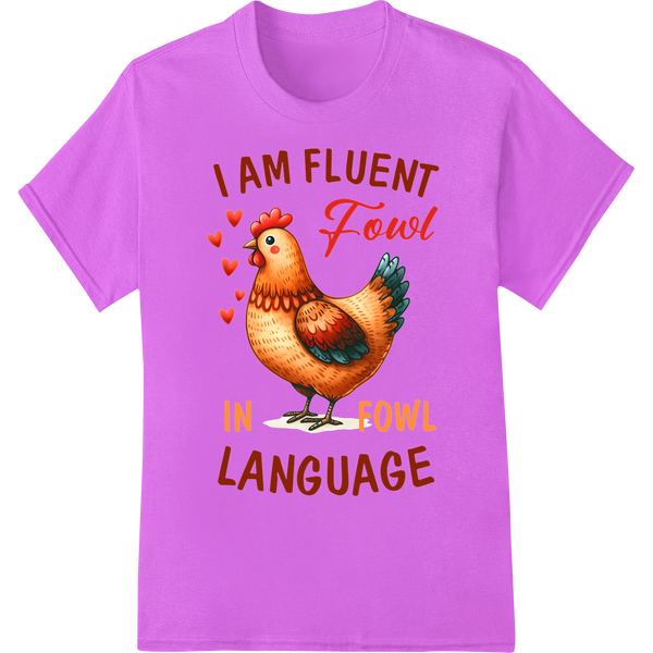 Witty 'Fluent Fowl' DTF Print Heat Transfer | Farm Pun Design on purple shirt - SUPERDTF-DTF Prints-DTF Transfers-Custom DTF Prints