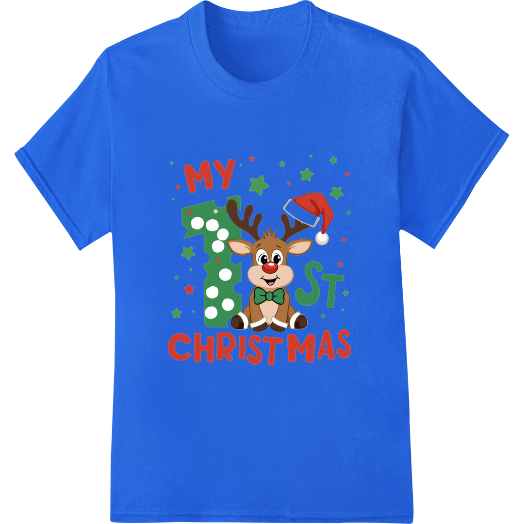 Adorable 'My 1st Christmas' Reindeer DTF Print Heat Transfer on blue shirt - SUPERDTF-DTF Prints-DTF Transfers-Custom DTF Prints