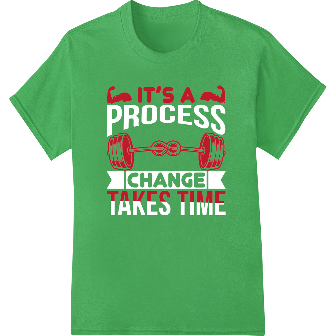 Bold 'It's Takes Time' Fitness DTF Print Heat Transfer on green shirt - SUPERDTF-DTF Prints-DTF Transfers-Custom DTF Prints