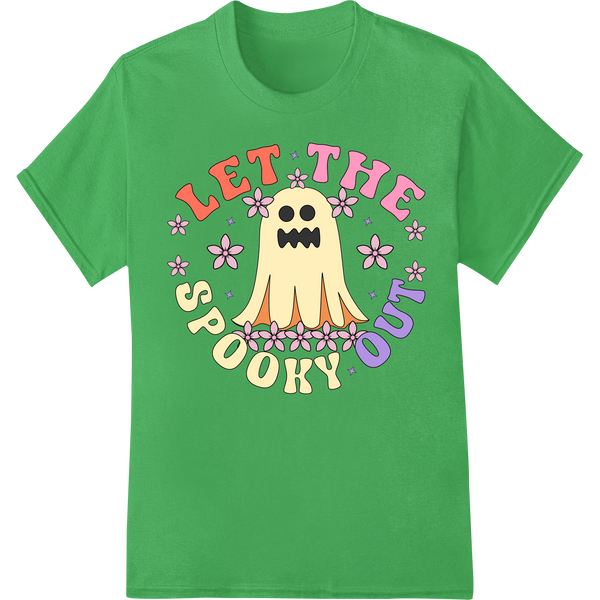 Adorable Ghost Halloween Design - Let the Spooky Begin! on green shirt - SUPERDTF-DTF Prints-DTF Transfers-Custom DTF Prints