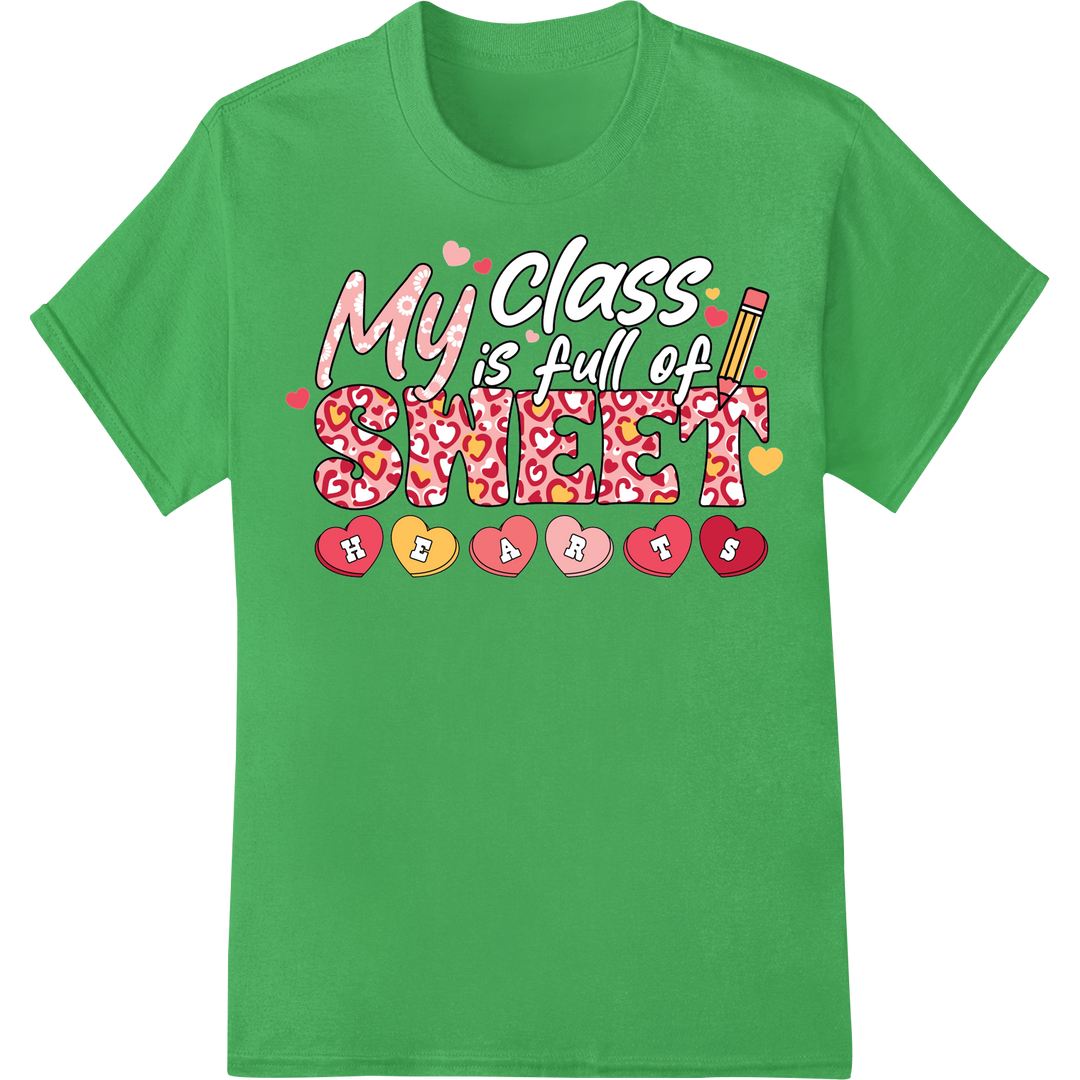 Adorable Valentine's Day Teacher DTF Print Heat Transfer on green shirt - SUPERDTF-DTF Prints-DTF Transfers-Custom DTF Prints