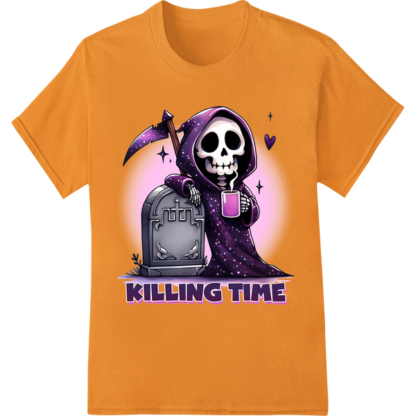 Killing Time: Edgy Grim Reaper DTF Print Heat Transfer on orange shirt - SUPERDTF-DTF Prints-DTF Transfers-Custom DTF Prints