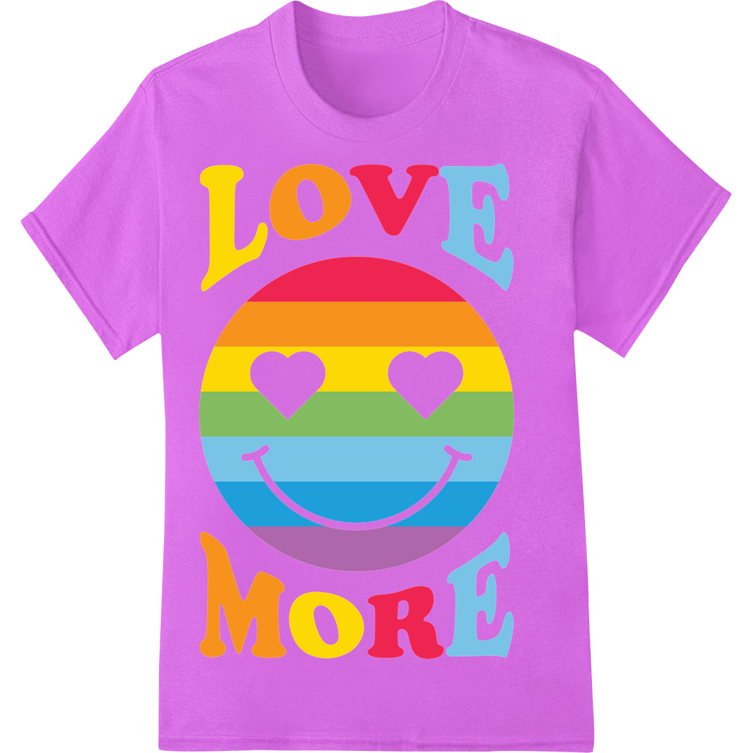 LGBT Rainbow Pride 'LOVE MORE' Positive Message DTF Print on purple shirt - SUPERDTF-DTF Prints-DTF Transfers-Custom DTF Prints