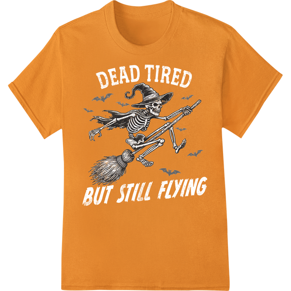 Soaring Skeleton Witch: A Whimsical Halloween Print on orange shirt - SUPERDTF-DTF Prints-DTF Transfers-Custom DTF Prints