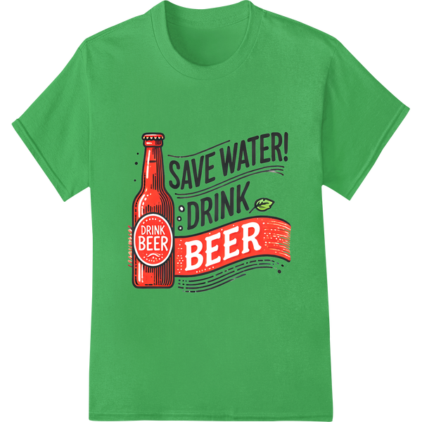 Witty 'Save Water, Drink Beer' DTF Print Heat Transfer on green shirt - SUPERDTF-DTF Prints-DTF Transfers-Custom DTF Prints