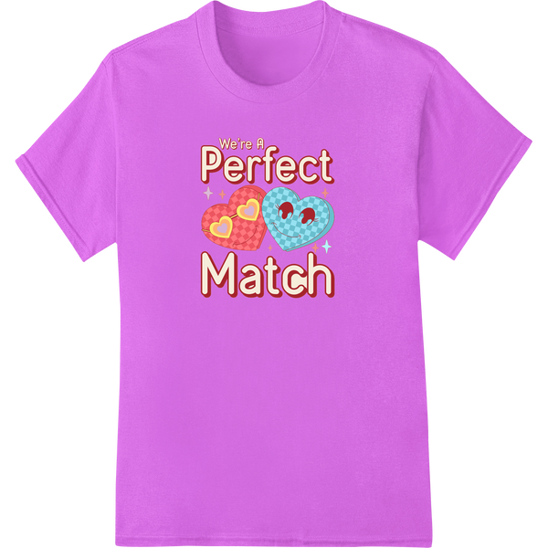 Retro Valentine Hearts: We're a Perfect Match DTF Print on purple shirt - SUPERDTF-DTF Prints-DTF Transfers-Custom DTF Prints