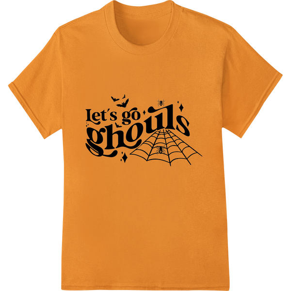 Colorful graphic design featuring playful ghosts and pumpkins with text 'Let's Go Ghouls' ideal for Halloween t-shirts