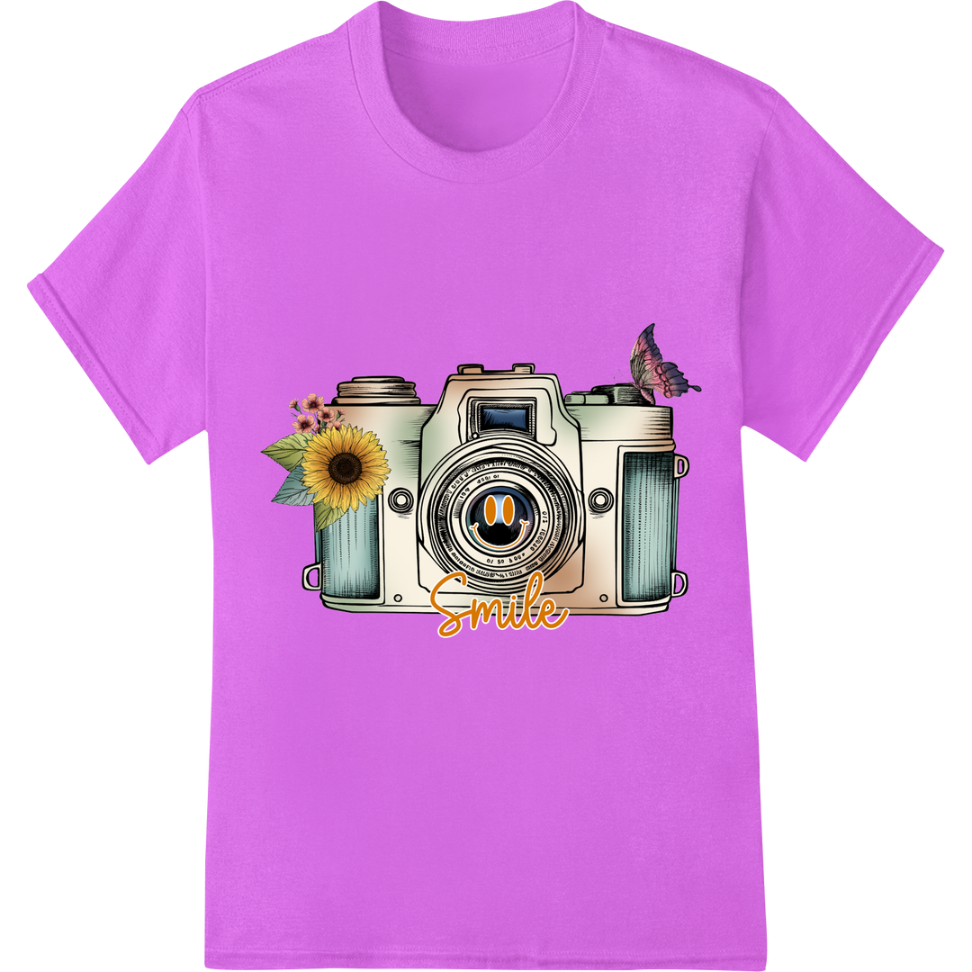 Vintage Camera Smile: Timeless Photography DTF Print on purple shirt - SUPERDTF-DTF Prints-DTF Transfers-Custom DTF Prints