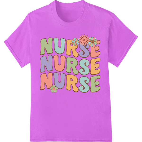 Colorful 'NURSE NURSE NURSE' Super DTF Heat Transfer Print on purple shirt - SUPERDTF-DTF Prints-DTF Transfers-Custom DTF Prints