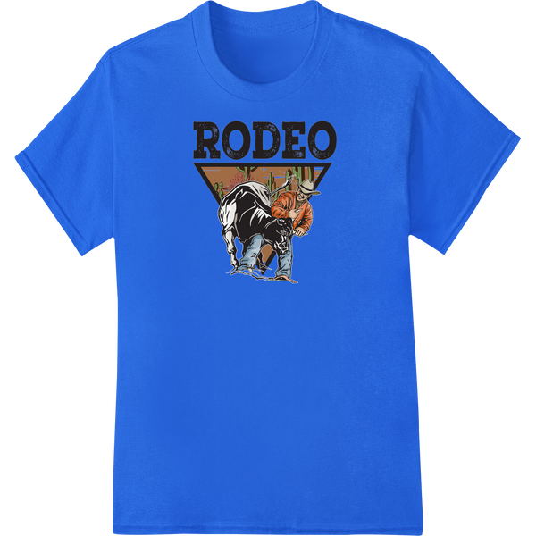 Vibrant custom t-shirts print on Ride the Wild West with this Intense Rodeo Bull Riding Design