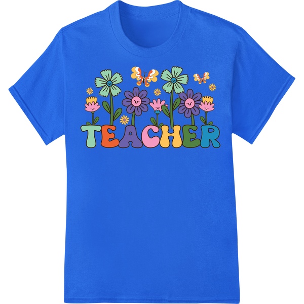 Retro Teacher Floral Butterfly DTF Print Heat Transfer on blue shirt - SUPERDTF-DTF Prints-DTF Transfers-Custom DTF Prints