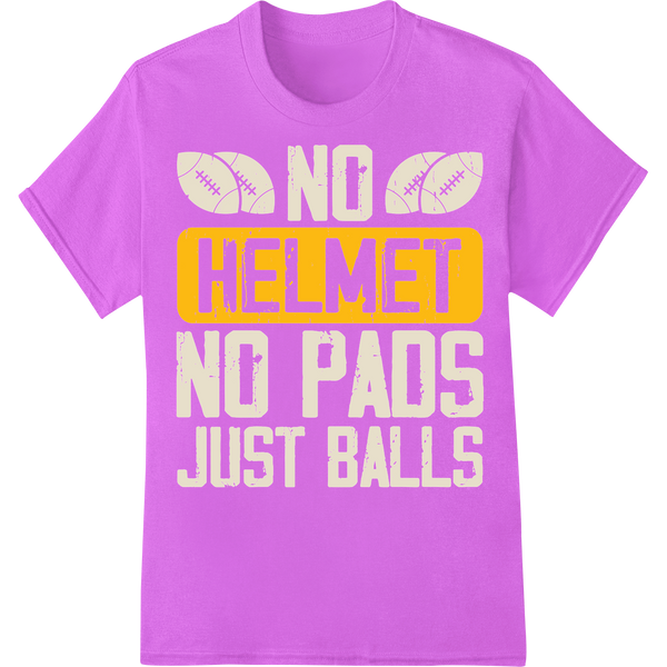 Rugby: No Helmet, No Pads, Just Balls | DTF Print Transfer on purple shirt - SUPERDTF-DTF Prints-DTF Transfers-Custom DTF Prints