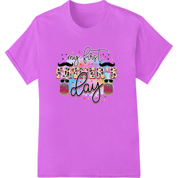 Colorful "My First Father's Day" DTF Print Heat Transfer on purple shirt - SUPERDTF-DTF Prints-DTF Transfers-Custom DTF Prints