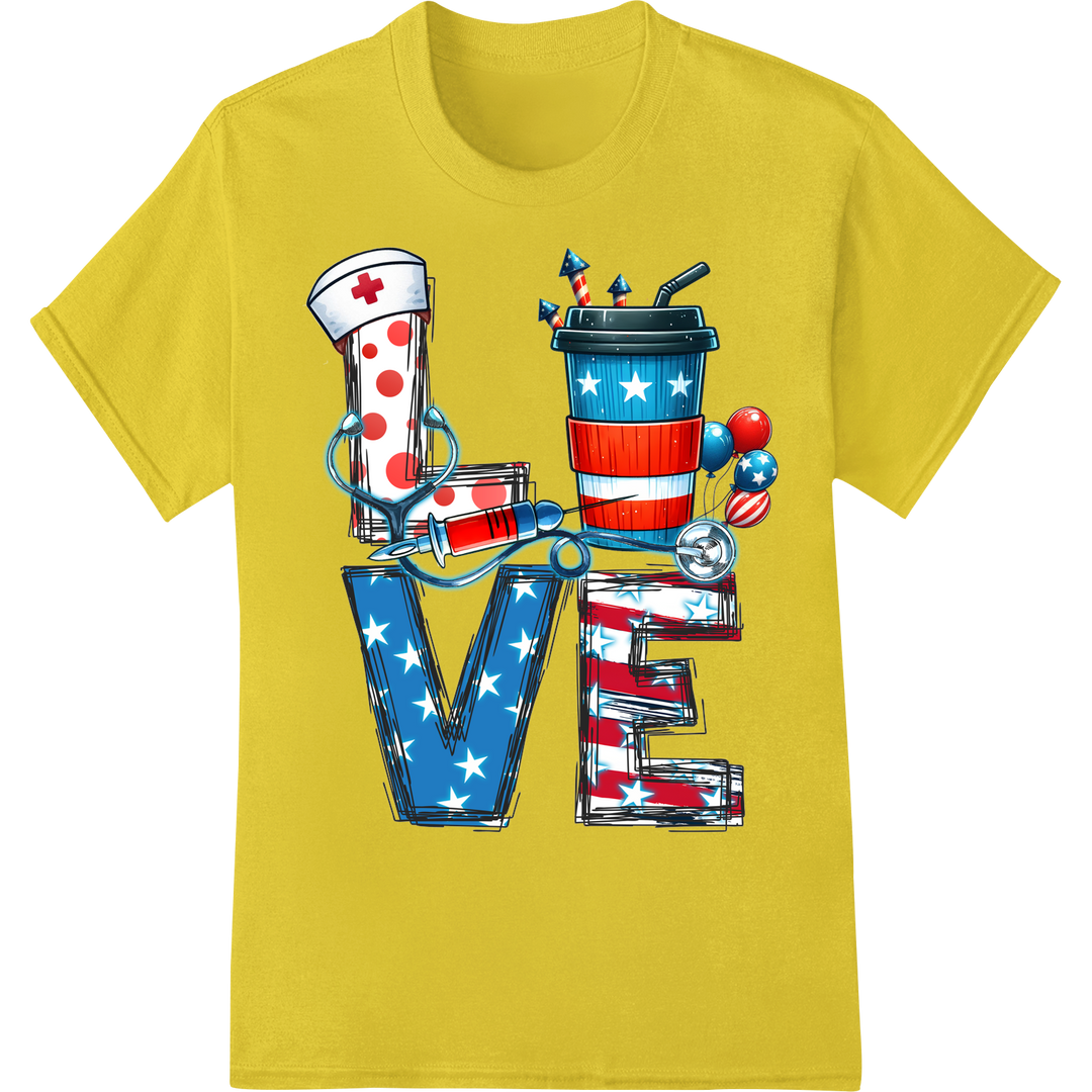 Patriotic Nurse LOVE: 4th of July DTF Print Heat Transfer on yellow shirt - SUPERDTF-DTF Prints-DTF Transfers-Custom DTF Prints