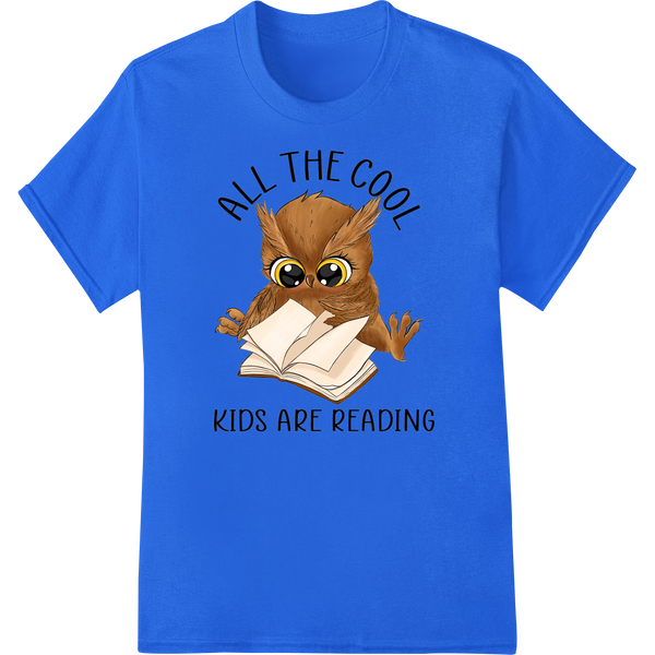 Wise Owl Says: Reading is Cool! DTF Print Heat Transfer on blue shirt - SUPERDTF-DTF Prints-DTF Transfers-Custom DTF Prints