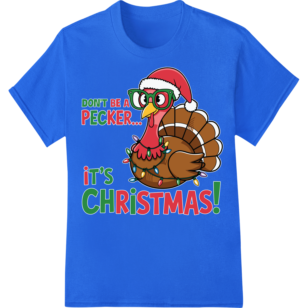 Jolly Turkey's Playful Christmas Pun | Funny Holiday DTF Print on blue shirt - SUPERDTF-DTF Prints-DTF Transfers-Custom DTF Prints