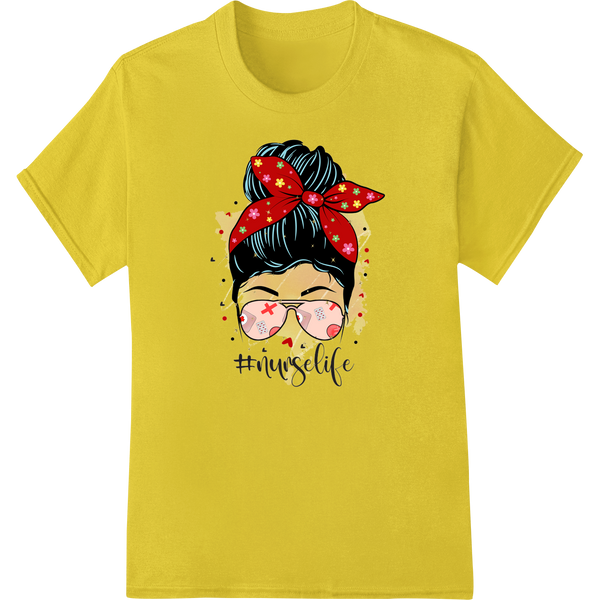 Messy Bun Nurse Life graphic design print suitable for Direct to Film (DTF) heat transfer on custom apparel like t-shirts.