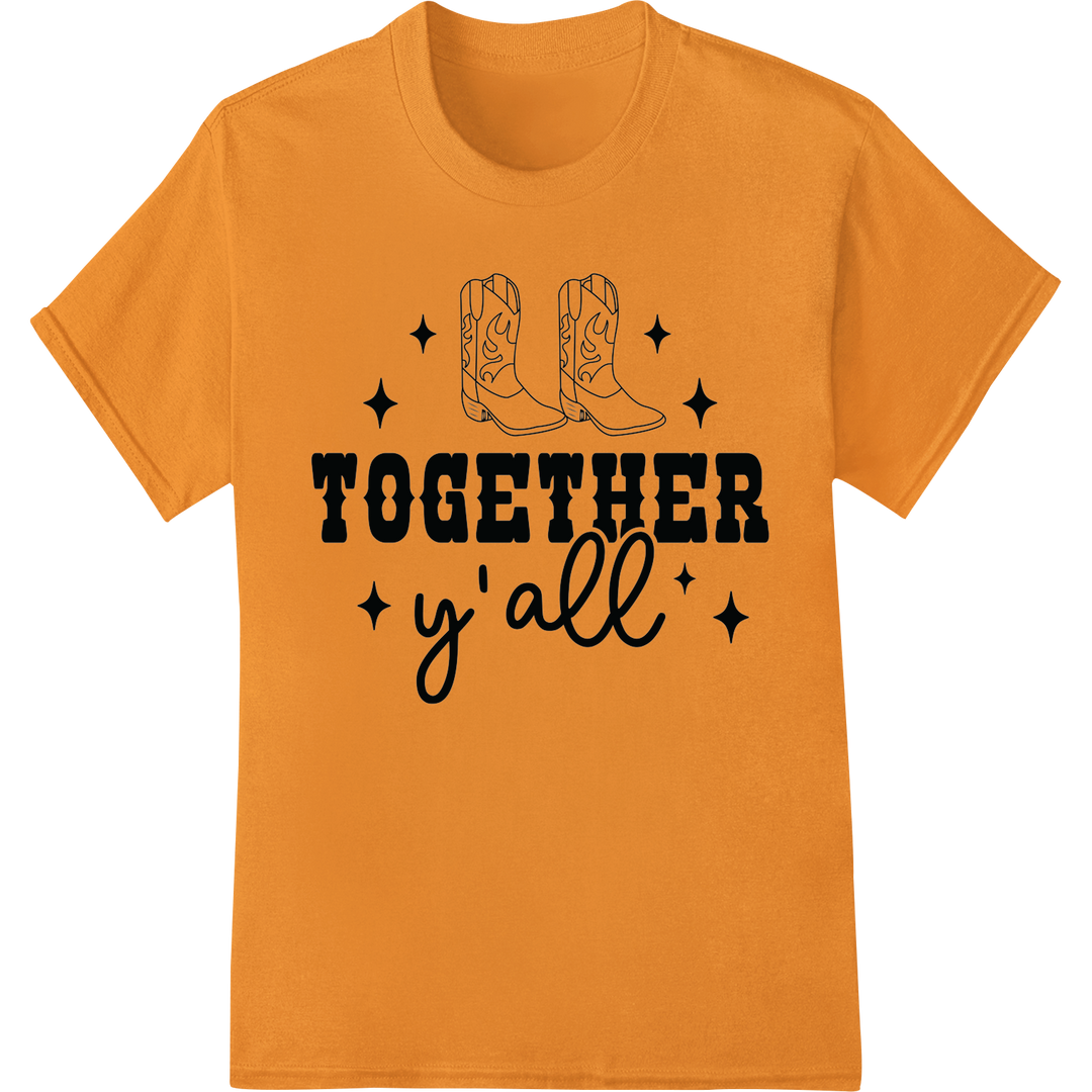 Rustic 'TOGETHER y'all' DTF Print Heat Transfer | Western Boots on orange shirt - SUPERDTF-DTF Prints-DTF Transfers-Custom DTF Prints