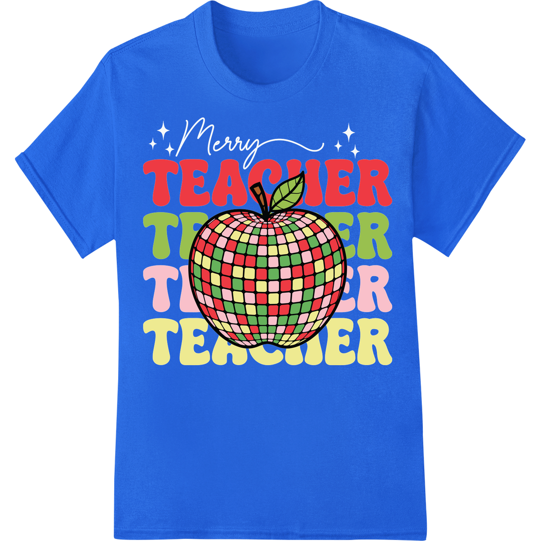 Festive Christmas Apple Teacher DTF Print Heat Transfer on blue shirt - SUPERDTF-DTF Prints-DTF Transfers-Custom DTF Prints