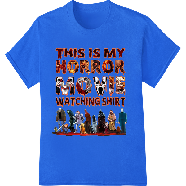 Black t-shirt with bold red and white text 'This Is My Scary Movie Shirt' featuring dripping blood-like graphics