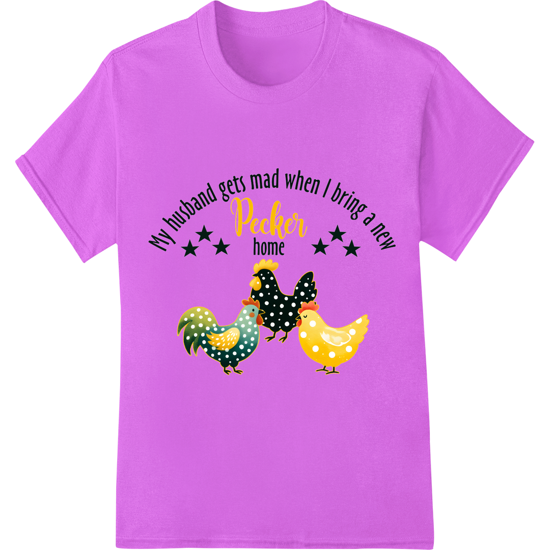 Cheeky Chicken Farmer Pun - DTF Print Heat Transfer on purple shirt - SUPERDTF-DTF Prints-DTF Transfers-Custom DTF Prints