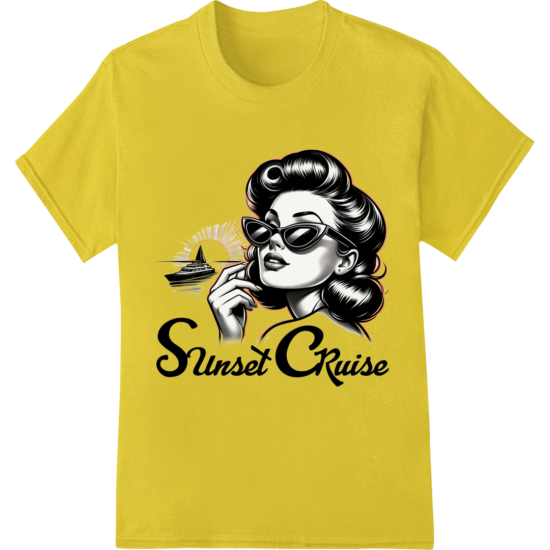 Retro Pin-Up 'Sunset Cruise' DTF Print Heat Transfer on yellow shirt - SUPERDTF-DTF Prints-DTF Transfers-Custom DTF Prints