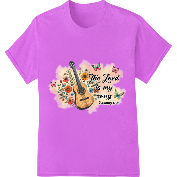 Acoustic Guitar Christian DTF Heat Transfer: Exodus 15:2 on purple shirt - SUPERDTF-DTF Prints-DTF Transfers-Custom DTF Prints