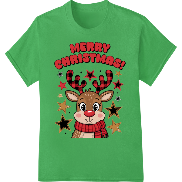 Adorable Reindeer Christmas Heat Transfer Print | Super DTF on green shirt - SUPERDTF-DTF Prints-DTF Transfers-Custom DTF Prints