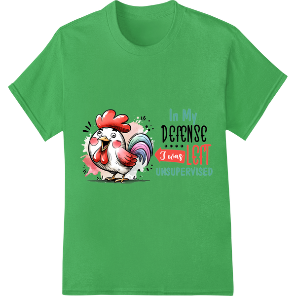 Witty Rooster 'In My Defense' Sarcastic Animal DTF Print on green shirt - SUPERDTF-DTF Prints-DTF Transfers-Custom DTF Prints