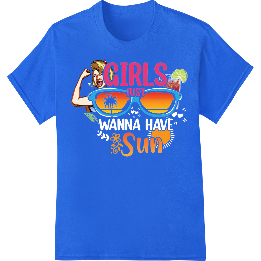 Retro 'Girls Just Wanna Sun' DTF Print Heat Transfer on blue shirt - SUPERDTF-DTF Prints-DTF Transfers-Custom DTF Prints