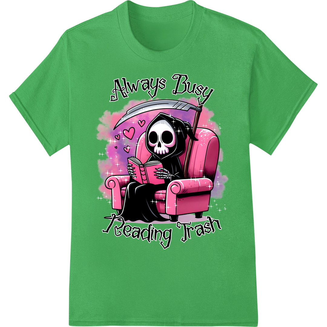 Skeleton Relaxing with Trashy Novel - Edgy DTF Print on green shirt - SUPERDTF-DTF Prints-DTF Transfers-Custom DTF Prints