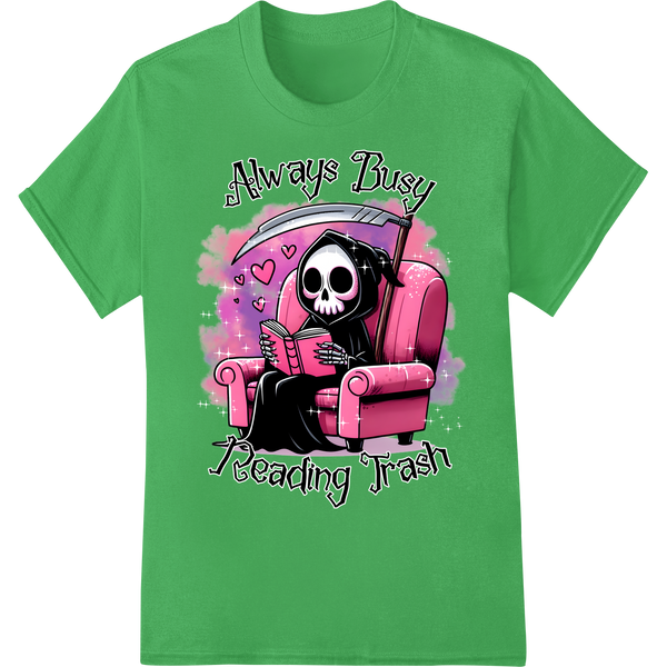 Skeleton Relaxing with Trashy Novel - Edgy DTF Print on green shirt - SUPERDTF-DTF Prints-DTF Transfers-Custom DTF Prints