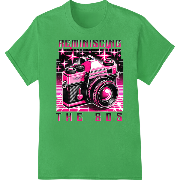 Retro 80s Camera Nostalgia DTF Print Heat Transfer Design on green shirt - SUPERDTF-DTF Prints-DTF Transfers-Custom DTF Prints