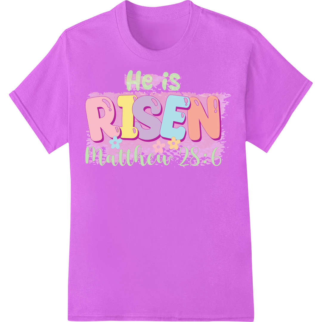 Vibrant Easter Message: "He is Risen" Matthew 28:6 DTF Print on purple shirt - SUPERDTF-DTF Prints-DTF Transfers-Custom DTF Prints