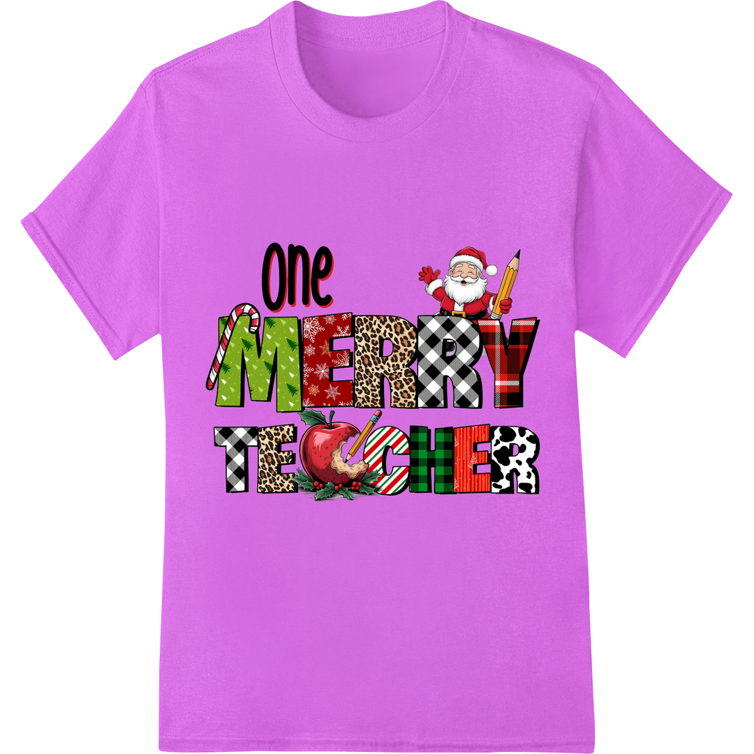 One Merry Teacher: Festive Christmas DTF Heat Transfer on purple shirt - SUPERDTF-DTF Prints-DTF Transfers-Custom DTF Prints